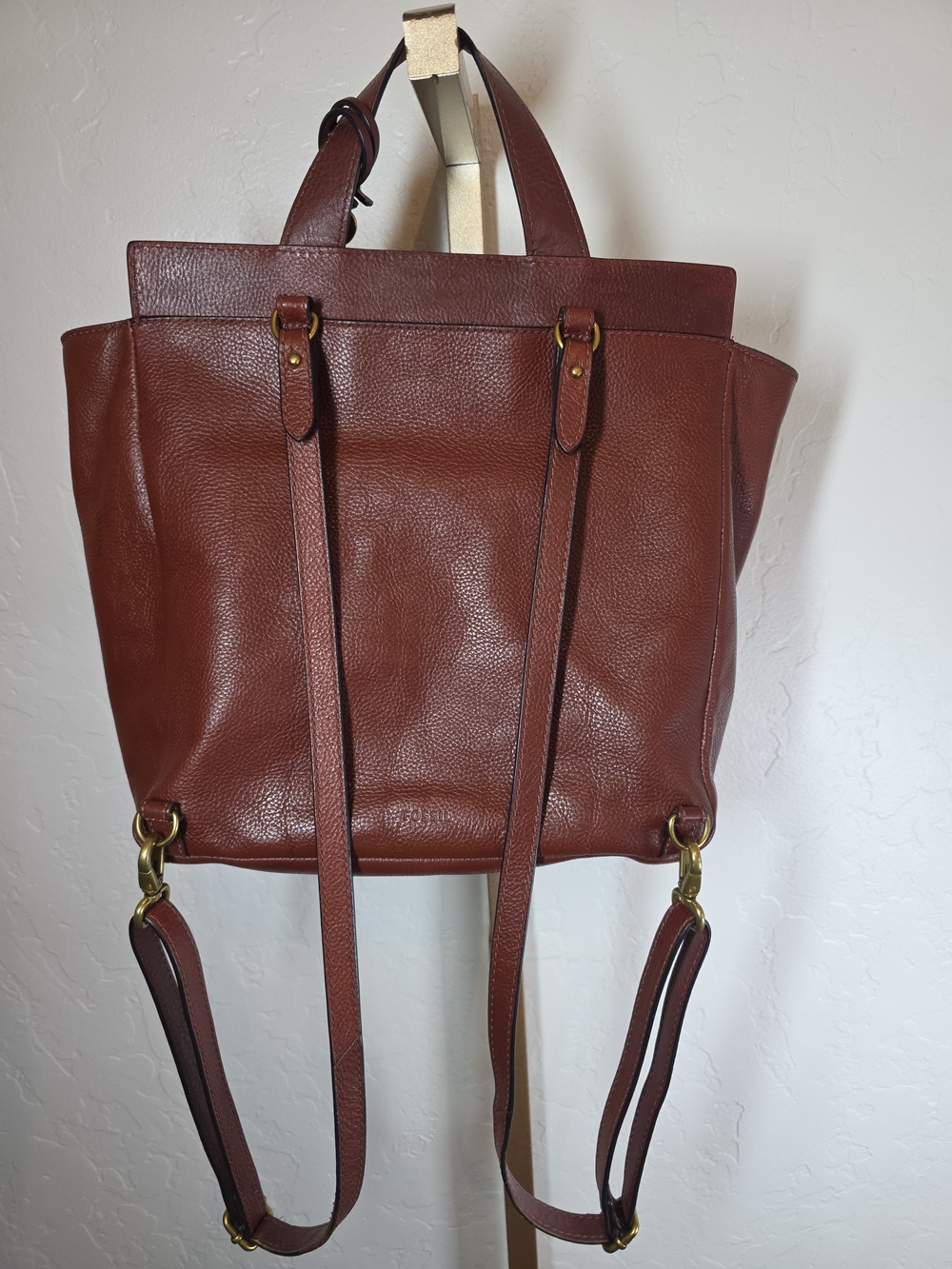 Fossil Amelia Brown Pebbled Leather Convertible Backpack Top Handle Bag Gold Key - Picture 2 of 16